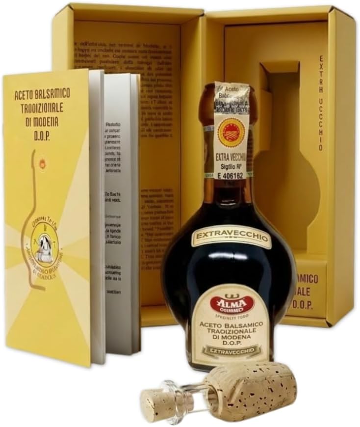 Alma Gourmet 25 Year Aged Extravecchio Traditional Balsamic Vinegar of Modena D.O.P. – 3.4 fl oz (100ml) – Authentic Aceto Balsamico Tradizionale – Glass Pouring Doser & Recipe Booklet Included - Imported from Italy