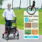 PLANET WALK Super Lightweight Rollator Walker for Seniors, Foldable Rolling Walker with Seat and 8" Rubber Wheels for All Terrain, Unique Design Aluminium Frame Sturdy Walkers for Traveling - Red