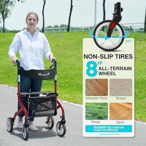 Super Lightweight Rollator Walker for Seniors, Foldable Rolling Walker with Seat and 8" Rubber Wheels for All Terrain, Unique Design Aluminium Frame Sturdy Walkers for Traveling - Red