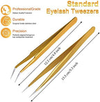 2 Pieces Straight and Curved Tip Tweezers Eyelash Extension Tweezers, Stainless Steel False Lash Application Tools (Gold)