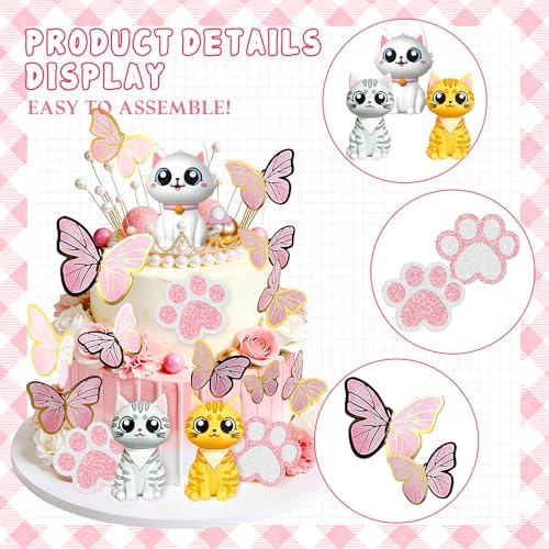 LaVenty Cat Cake Topper Kitty Cake Topper Decorations for Cat Themed Birthday Party Cute Meow Birthday Party Girl Baby Shower Party Decoration