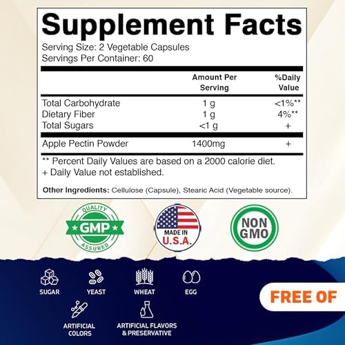 Vitamatic Apple Pectin 700mg – 120 Vegetarian Capsules per Bottle Natural Dietary Fiber Supplement – Supports Digestive Health & Regularity*