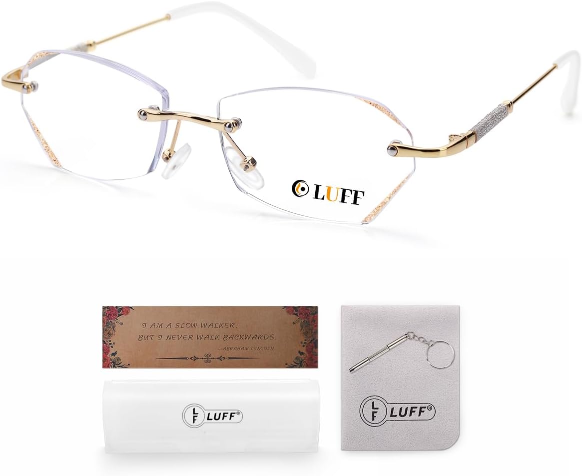 LUFF Stylish Rimless Reading Glasses for Women- Blue Light Blocking Readers, Fashion Frameless Metal Lightweight Eyeglasses