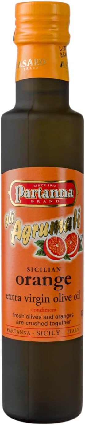 Partanna Extra Virgin Olive Oil pressed with Sicilian Moro Orange - Premium Flavored Extra Virgin Olive Oil - Harvested in Sicily - Rich in Flavor - First Cold Pressed - 8.45 oz (250 ML) Glass