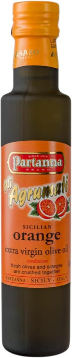 Partanna Extra Virgin Olive Oil pressed with Sicilian Moro Orange - Premium Flavored Extra Virgin Olive Oil - Harvested in Sicily - Rich in Flavor - First Cold Pressed - 8.45 oz (250 ML) Glass