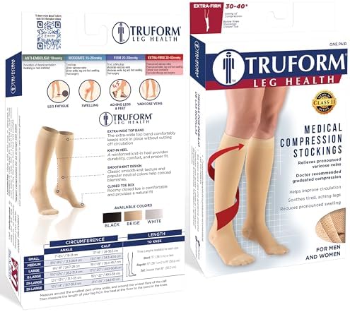 Truform 30-40 mmHg Compression Stockings for Men and Women, Knee High Length, Closed Toe, Black, Large