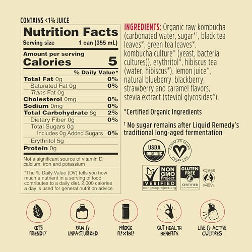 Liquid Remedy Kombucha Sugar Free Organic Drink, Low Calorie, Probiotic Like Tea for Gut Health - Mixed Berry - 12 Fl Oz Can