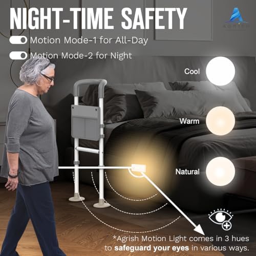 Agrish Bed Rails for Elderly Adults Safety, Bed Rails for Seniors Supports 350lbs with Motion Lights & Storage Pouch, Adjustable Bed Cane with Non-Slip Grip, Stable Bed Assist Rails for Seniors