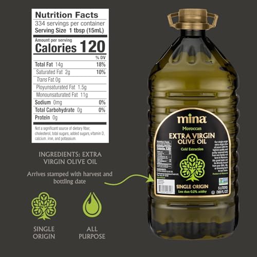 Mina Moroccan Olive Oil Extra Virgin 169 Fl Oz, New Harvest, Polyphenol Rich Olive Oil, Single Origin Extra Virgin Olive Oil, Cold Extraction, Less than 0.2% Acidity, 5 L