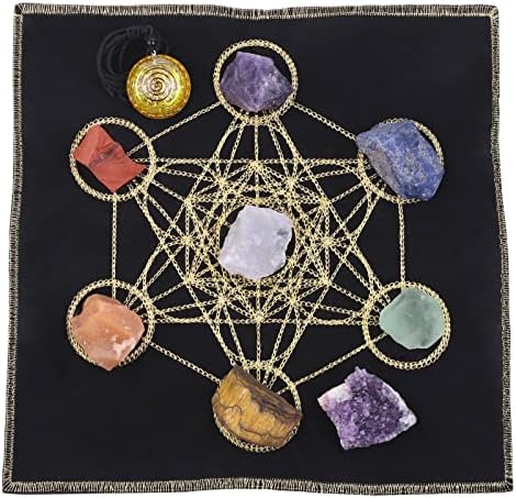 Amogeeli 7 Chakra Stone & Metatron’s Cube Sacred Geometry Energy Mat Crystal Grid Set for Beginner Divination Meditation Altar, Healing Stone Decoration for Energy Chakra Reiki Wicca