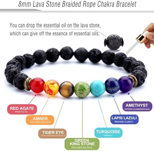 Hamoery Men Women 8mm Lava Rock 7 Chakra Beads Chakra Bracelet Braided Rope Natural Stone Yoga Bracelet Bangle