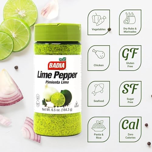 Badia Lime Pepper Seasoning, 6.5 oz - Pepper, Garlic & Onion, Zesty Citrus Blend for Chicken, Seafood & Vegetables