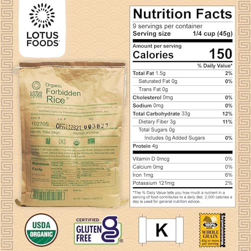 Lotus Foods Bulk Organic Forbidden Rice - Black Rice Organic, Purple Rice, Black Rice Bulk, Gluten Free Heirloom Rice, Whole Grain, Non GMO, Vegan - 11 lb Bag