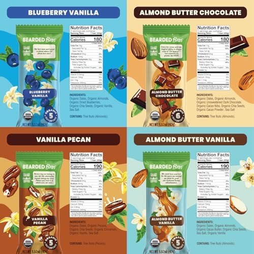 Bearded Brothers Organic Vegan Energy Bars - Gluten & Soy Free, Paleo, Whole 30 | Non GMO, Low Glycemic, High Protein, Fiber (12 Count (Pack of 1), Variety Case)