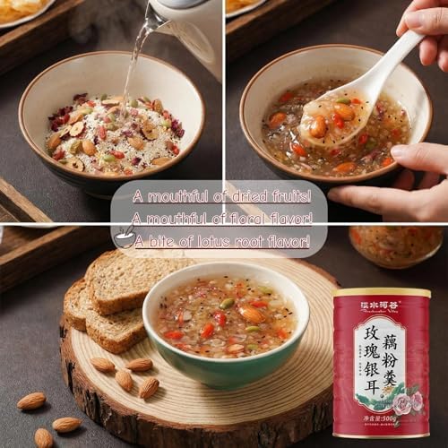 TXDYNLLK Lotus Root Powder Soup Mix, Instant Chinese Asian Cuisine, Includes Nuts Dried Fruit, Chia Seeds, Osmanthus, Black Sesame Seeds, Jujube & Sweet Snacks Box, Family Meal Drinks(17.63oz)500g