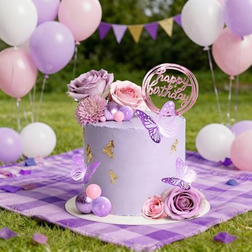 Flower Cake Toppers, Happy Birthday Rose Gold Cake Decorations with Artificial Flowers Butterfly Balls for Wedding Baby Shower Birthday Party Supplies (Purple)