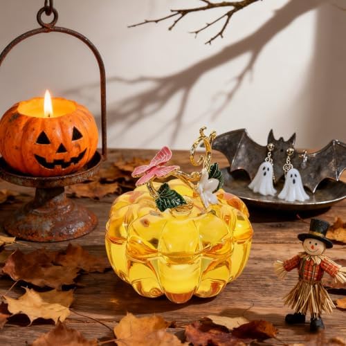 Healifty Crystal Pumpkin Jewelry Box with Metal Flower Stem Lid Trinket Box Glass Figurine for Fall Decor Earrings Storage Art Home Thanksgiving Ornament 3.34 inch
