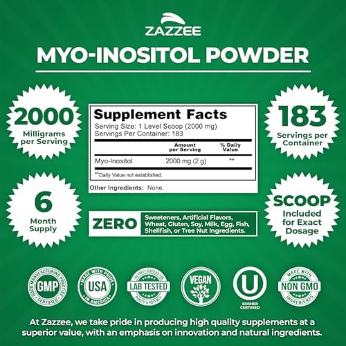 Zazzee Myo-Inositol Powder, 6 Month Supply, 183 Servings, 2000 mg per Serving, Free Scoop for Exact Dosage, 12.91 Ounces, Certified Kosher, 100% Pure, Fertility & Reproductive Support, Made in the USA