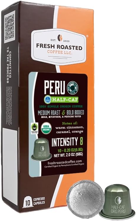 Fresh Roasted Coffee, USDA Organic Peru WP Half-Caf Espresso Pods for Nespresso OriginalLine | 3rd Party Tested for Pesticides, Mold, Mycotoxins | Kosher | 10 Recyclable Aluminum Capsules