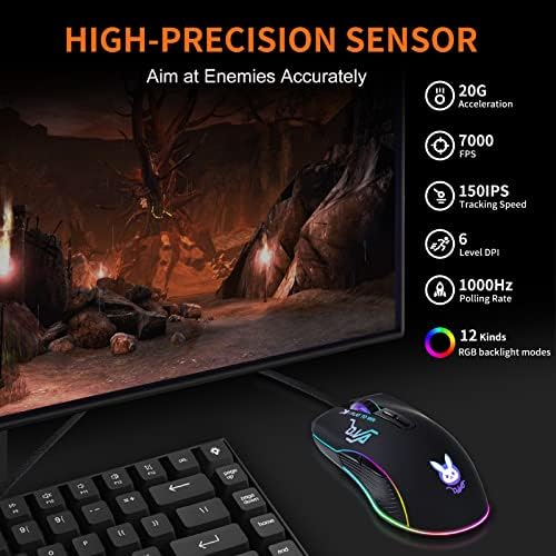 Gaming Mouse,12 Colors Backlit Optical Game Mice Ergonomic USB Wired with 7200 DPI and 7 Buttons for Computer/Win/Mac/Linux/Andriod/iOS. (Black USB)
