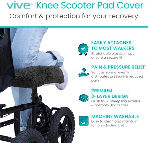 Vive Mobility Knee Scooter Pad Cover - Soft Plush Adult Sheepskin Memory Foam Cushion, Walker Accessory for Knee Roller, Padded Accessories Leg Cart Improves Comfort with Injury, Universal Fit (Black)