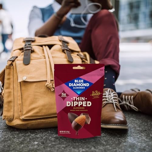 Blue Diamond Almonds, Dark Chocolate Covered Thin Dipped Snack Nuts for Guilt-Free Snacking with Half the Sugar, Perfect for Gathering, Holidays, or Craving a Sweet Treat, 4oz. Resealable Bag