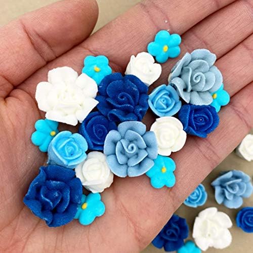 30 Azul Bloom Icing Flowers – Edible Blue & White Roses | Small Royal Icing Flowers | Cake Sprinkles & Decorations by Simply Sucré