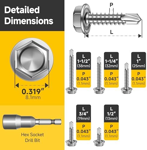 Mywish 410 Stainless Steel Self Tapping Screws for Metal, 110 Pieces #8 Hex Head Self Drilling Screws Assortment Kit, Length 1/2" to 1-1/2", Bright Finish Sheet Metal Screws