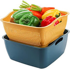 Jucoan 2 Pack 9 & 8 Quart Large Kitchen Strainer Colander Bowl Set, Double-Layer Plastic Fruits Vegetable Washing Basket, Drain Bowls for Cleaning Washing Mixing, Detachable (Blue, Orange)
