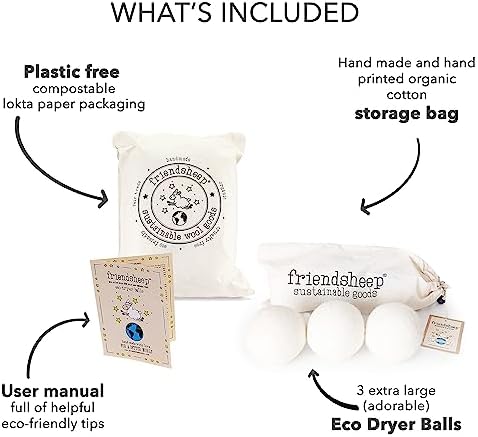 Friendsheep Wool Dryer Balls, Organic Reusable Fabric Softener Alternative for Laundry, Handmade, Fair Trade, Hypoallergenic, Eco-Friendly, Plastic-Free (3 Pack XL – White Trio)