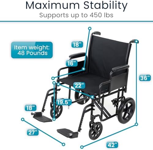 Vive Mobility Bariatric Transport Wheelchair for Adults - Supports 450lbs - Foldable, Heavy Duty Travel Wheel Chair - Portable, Transfer Aid with Swing Away Footrests & 22 Inch Wide Seat