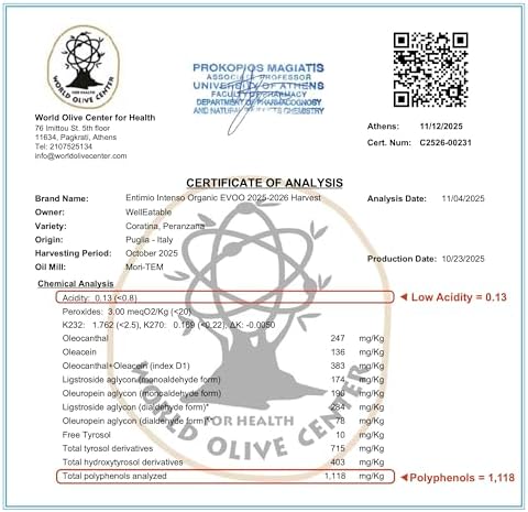 Entimio Intenso Organic Italian Extra Virgin Olive Oil from Italy, 1,000+ mg/kg High in Polyphenols, 2025 Gold Winner, Puglia Early Harvest evoo, Cold Extracted, Lab Tested - 16.9 fl oz