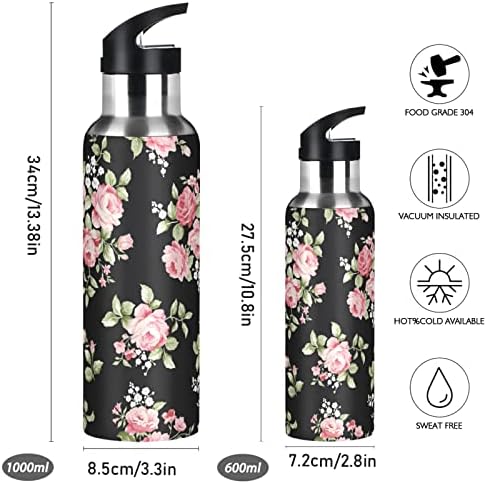 ALAZA Pink Rose Flower Floral Water Bottle with Straw Lid Vacuum Insulated Stainless Steel Thermo Flask Water Bottle 20oz