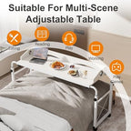 BYMECOST Laptop Desk for Bed, Adjustable Height & Length Laptop Bed Table,Overbed Table with Wheels for Queen Size Beds,Rolling Standing Desk,Over Bed Desk for Working Reading Eating (White)