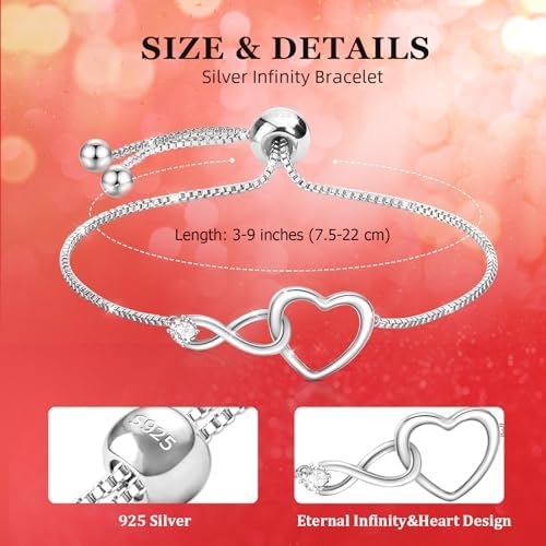 J.Fée Infinity Heart Bracelets for Women with 5A Cubic Zirconia, 925 Silver Bracelets for Women Adjustable Womens Bracelet Jewelry for Wife Girlfriend Her