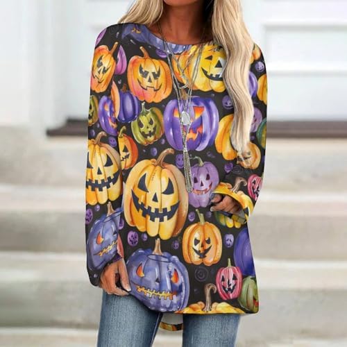 ZOCAVIA Halloween Shirts for Women Fall Long Sleeve Crewneck Sweatshirt Casual Retro Funny 3D Graphic Pullover Tops Oversized