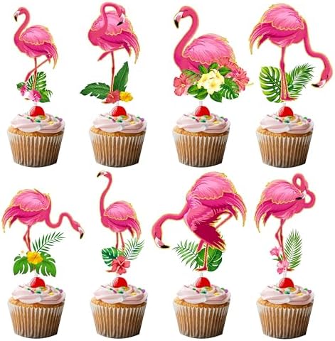 36pcs Glitter Pink Flamingo Cupcake Toppers Decoration Flamingo Themed Birthday Party Supplies Flamingo Party Cupcake Toppers Decorations for Hawaiian Tropical Theme Party Baby Shower Supplies