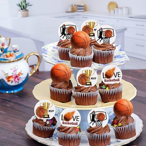 40Pcs Edible basketball Cupcake Toppers for Wafer Paper Basketball Players Sports Theme Cupcake Picks Basketball Drink Topper Children Birthday Party Cake Decorations