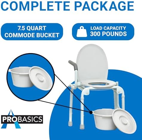 ProBasics Drop Arm Adjustable Bedside Folding Commode Chair Portable with Handles, for Elderly, Seniors, and Disabled People, Supports 300lbs, Adult Potty Chair