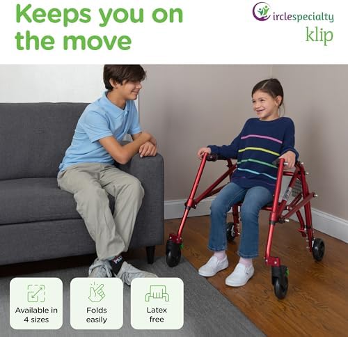 Klip- Lightweight Posterior Rollator Walker/Gait Trainer 4 Wheel - with Flip-Up Seat for Toddlers, Kids, Teens with Special Needs/Cerebral Palsy-Front Swivel Wheels, Height Adjustable, Foldable