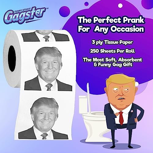 Gagster Donald Trump Toilet Paper Roll - 3 Ply Funny Novelty Bathroom Tissue Gag - 200 Sheets Per Roll - Joke Gifts - Prank Gift for Adults Black and White Printed Sheets - Make Your Butt Laugh
