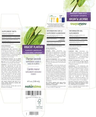 Naturalma Ribwort Plantain or Narrowleaft Plantain (Plantago lanceolata) Leaf Alcohol-Free Tincture - 4 fl oz Liquid Extract in Drops - Herbal Supplement - Vegan