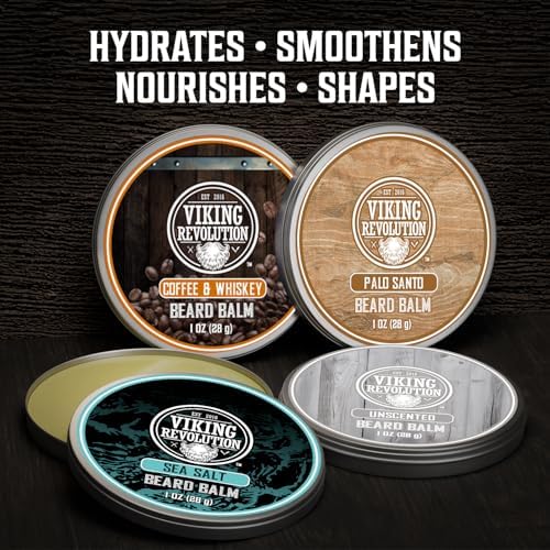 Viking Revolution 4 Beard Balm Variety Pack (1oz Each) – Coffee & Whiskey, Palo Santo, Sea Salt and Unscented – Styles, Strengthens & Softens Beards & Mustaches – Leave-In Conditioner Wax for Men