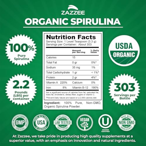 Zazzee USDA Organic Spirulina Powder, 2.2 Pounds (1 KG), 303 Servings, Certified Kosher, 100% Pure, Non-Irradiated, Mess-Free Wide Mouth Container, Fresh Smell and Neutral Taste, Non-GMO, Made in USA