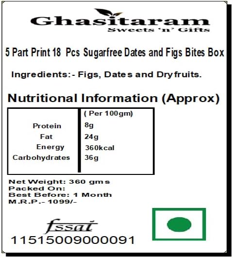 Ghasitaram Gifts Diwali Gifts Sugarfree Sweets- 5 Part Print 18 Pcs Sugarfree Dates and Figs Bites Box