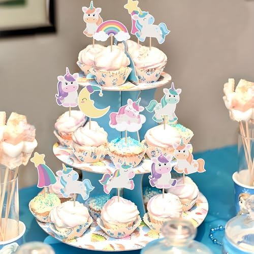 27 PCS Unicorn Cupcake Toppers Set, Pastel Rainbow and Moon Designs, Birthday Party Cake Decorations for Girls, Magical Theme Party Supplies (Style 1)