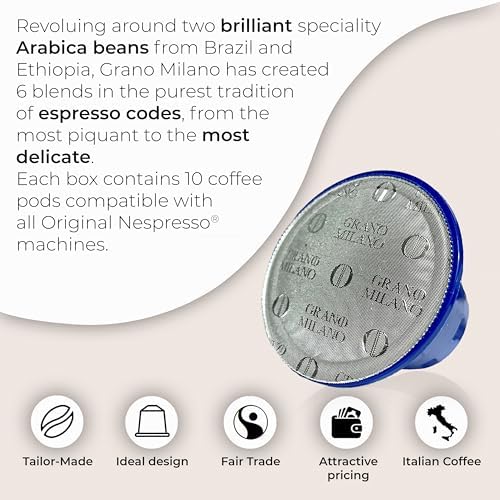 Grano Milano Supremo - 50 Espresso Pods Compatible with Nespresso Original line, Dark Roast - Intensity 11/12, Coffee Capsules Made in Italy Espresso Coffee