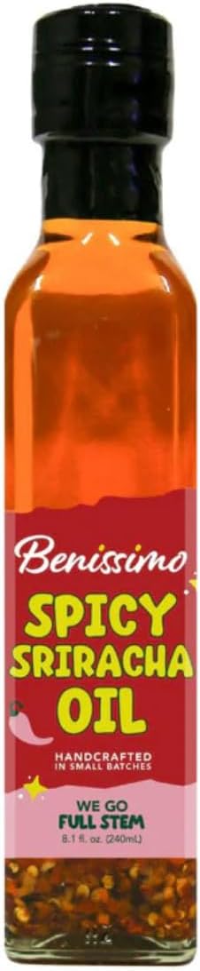 Benissimo Spicy Sriracha Infused Oil – Chili & Garlic Herb Oil, Vegan All Natural Cooking Oil for Stir Fry, Sautéing & Drizzling, Medium Heat, 8.45 fl oz