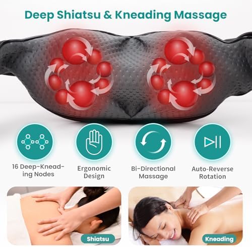 Nekteck Shiatsu Neck Massager with Heat for Pain Relief Deep Tissue, 2026 Upgraded 3D Back Shoulder Kneading Massage Pillow, Mother's Day Father's Day Relaxation Gifts for Mom Dad, Black(NOT Cordless)