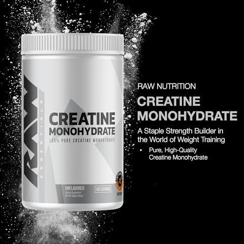 RAW Nutrition Creatine Monohydrate Powder, Unflavored (100 Servings) - Micronized Creatine Monohydrate Supplement for Workout Performance, Build Muscle & Strength - Creatine Powder for Men & Women
